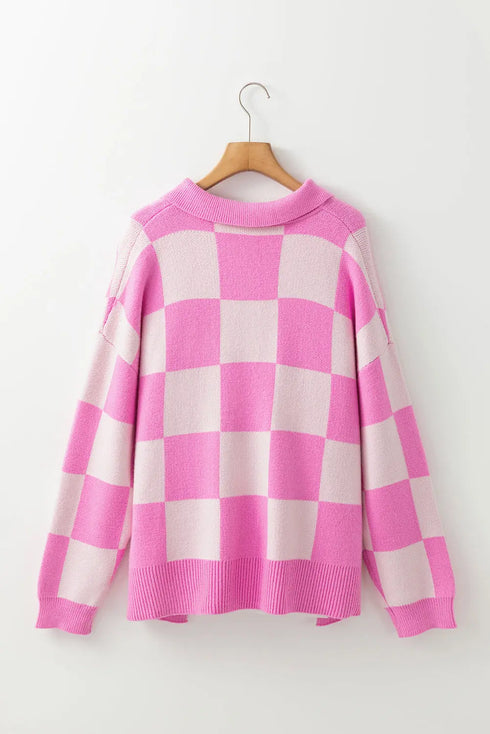'Galena' Pink Checkered Sweater - Celes Fashion